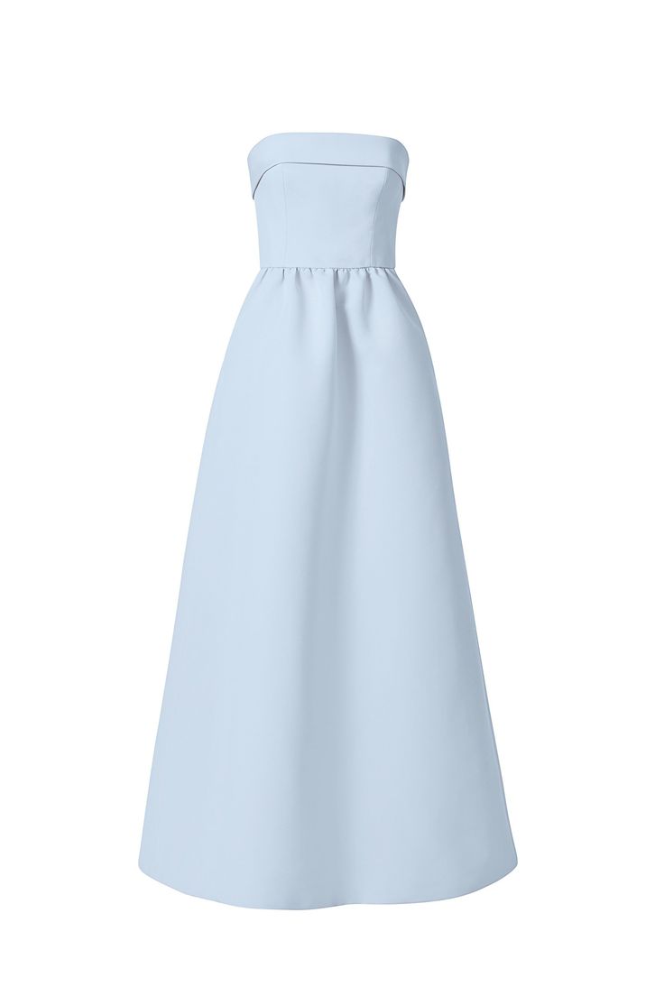 Classic meets casual-cool in this faille style, which features a fitted foldover strapless bodice and wide dirndl skirt with side pockets—a perfect pick for any type of wedding. Shown in Platinum. Light Blue Ice Dress, Ice Inspired Dresses, Classic Blue Dresses, Blue And Pink Bridesmaid Dress, Pigeon Blue Dress, Amsale Bridesmaid Dresses, Amsale Bridesmaid, Amsale Dress, Dirndl Skirt