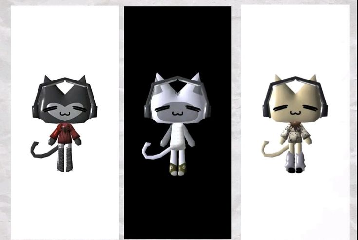 three cartoon cats are standing in front of each other, one is wearing headphones