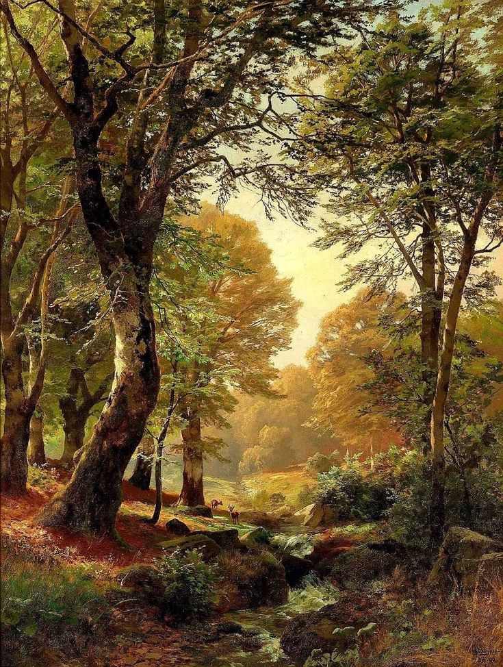 a painting of a wooded area with trees and rocks in the foreground, near a stream