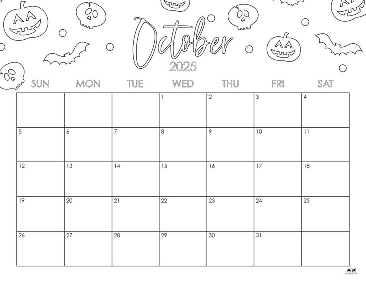 the october calendar with pumpkins, bats and ghost faces on it in black and white