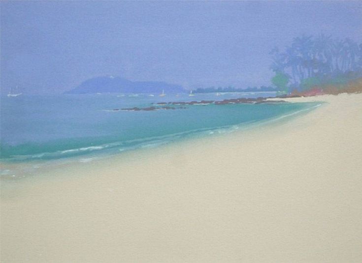 an oil painting of a beach with blue water