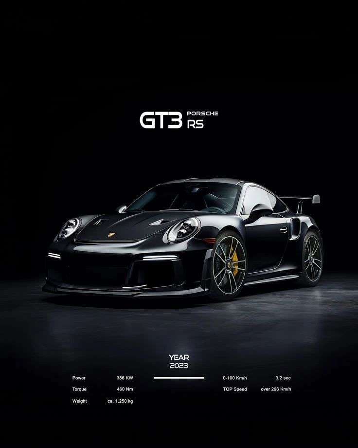 the porsche gtr is shown in black and white, with yellow lettering on it