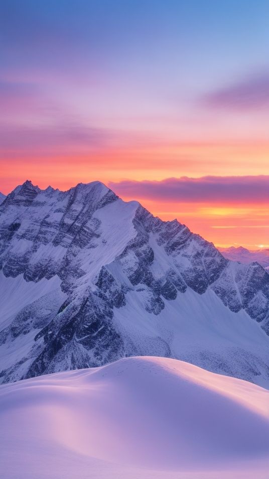 the sun is setting over some snowy mountains