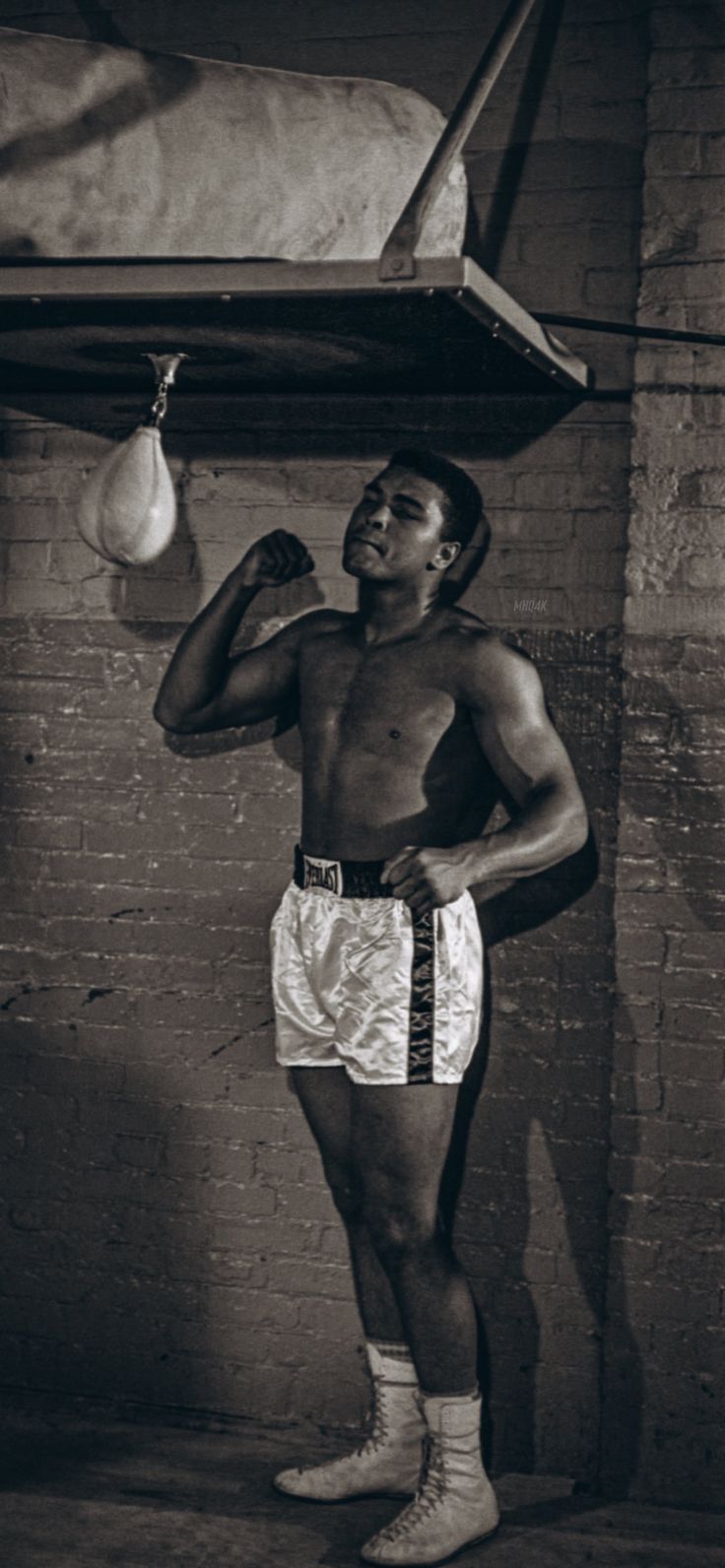 a man standing in front of a brick wall with boxing gloves hanging from the ceiling