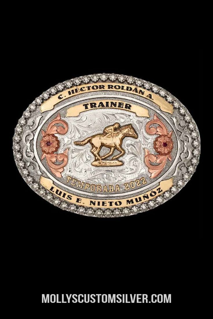 a silver and gold belt buckle with a horse in the center on a black background