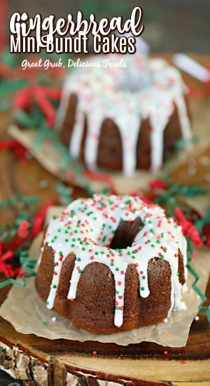 gingerbread mini - bundt cakes with white icing and sprinkles