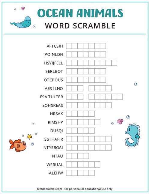 the ocean animals word scramble is an easy and fun activity for kids to practice their spelling skills