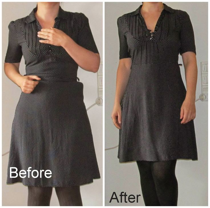 before and after photos of a woman's dress with black tights, showing the waistline