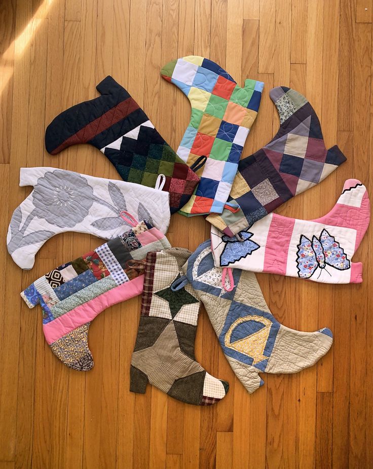 several pairs of socks laid out on the floor