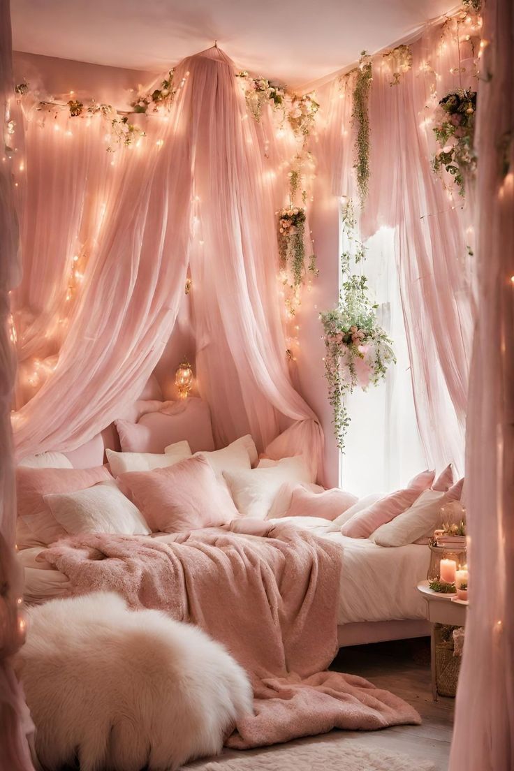 a bedroom with pink bedding and fairy lights on the wall above it, along with fur rugs