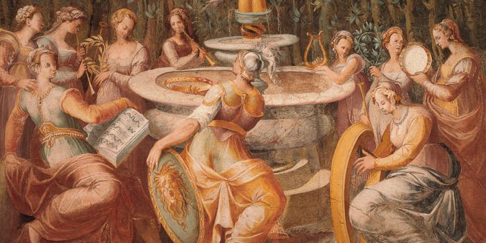 a painting of women washing their hands in a fountain