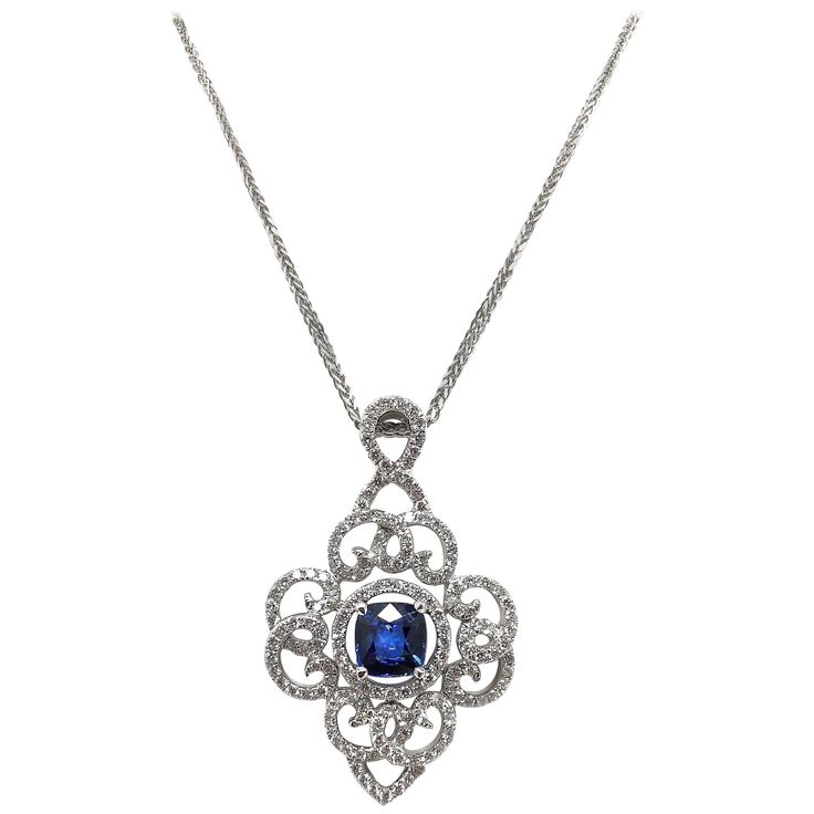 This beautiful pendant features a good luster Blue Sapphire in the centre which weighs 1.22 Carat, accompanied by 0.91 Carat of diamonds set in 18K White Gold. *Chain not included Blue Sapphire Diamond Pendant, Sapphire Diamond Pendant, White Gold Pendant Necklace, Expensive Jewelry Luxury, Sewing Lingerie, Butterfly Pendant Necklace, Blue Sapphire Diamond, Sapphire Pendant, Expensive Jewelry