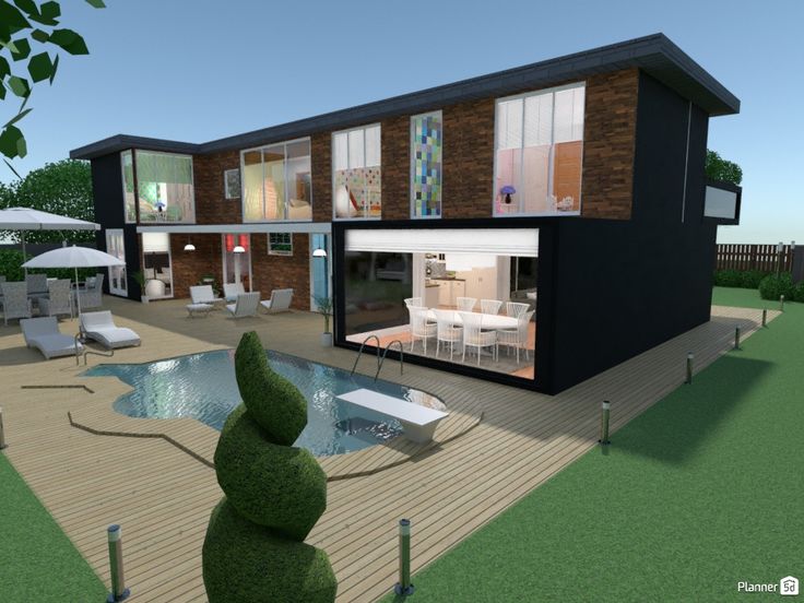 a 3d rendering of a modern house with an outdoor pool