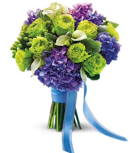 a bouquet of purple and green flowers with a blue ribbon tied around the end, on a white background