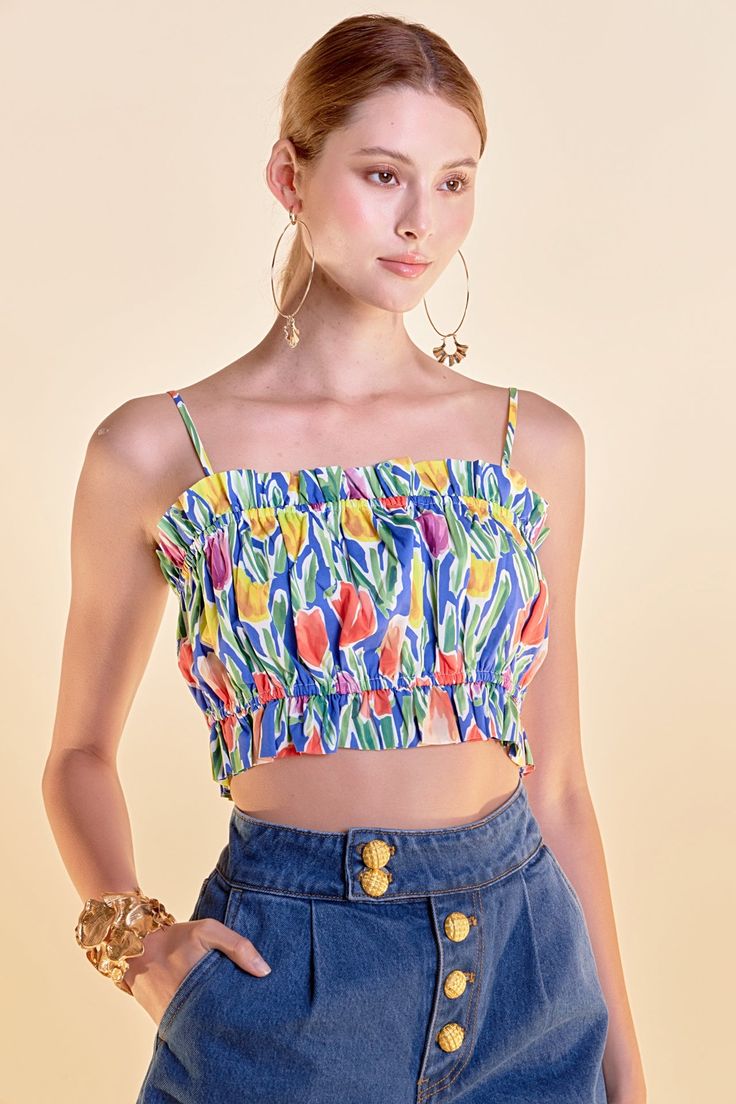 Add a touch of romance to your wardrobe with our Floral Print Ruffled Cropped Top. Featuring a flirty crop design and delicate spaghetti straps, this top is perfect for warm weather days. The playful ruffled details add a fun and feminine touch, while the lining ensures a comfortable fit. The bold floral print will make a statement wherever you go. Don't miss out on this must-have top for the season. Cropped Spaghetti straps Ruffled Lined Hand wash cold Do not bleach Do not tumble dry Iron low Exclusive of Elastic Shell:100%Cotton Lining: 80% Polyester 20% Cotton AY446T Total length: 15.75" Bust: 28.5" Crop Design, Knitwear Trends, Casual Party Dresses, Bold Floral Print, Maxi Dress Sale, Pink Maxi, Blouse Pants, Fashion Night, Pink Maxi Dress