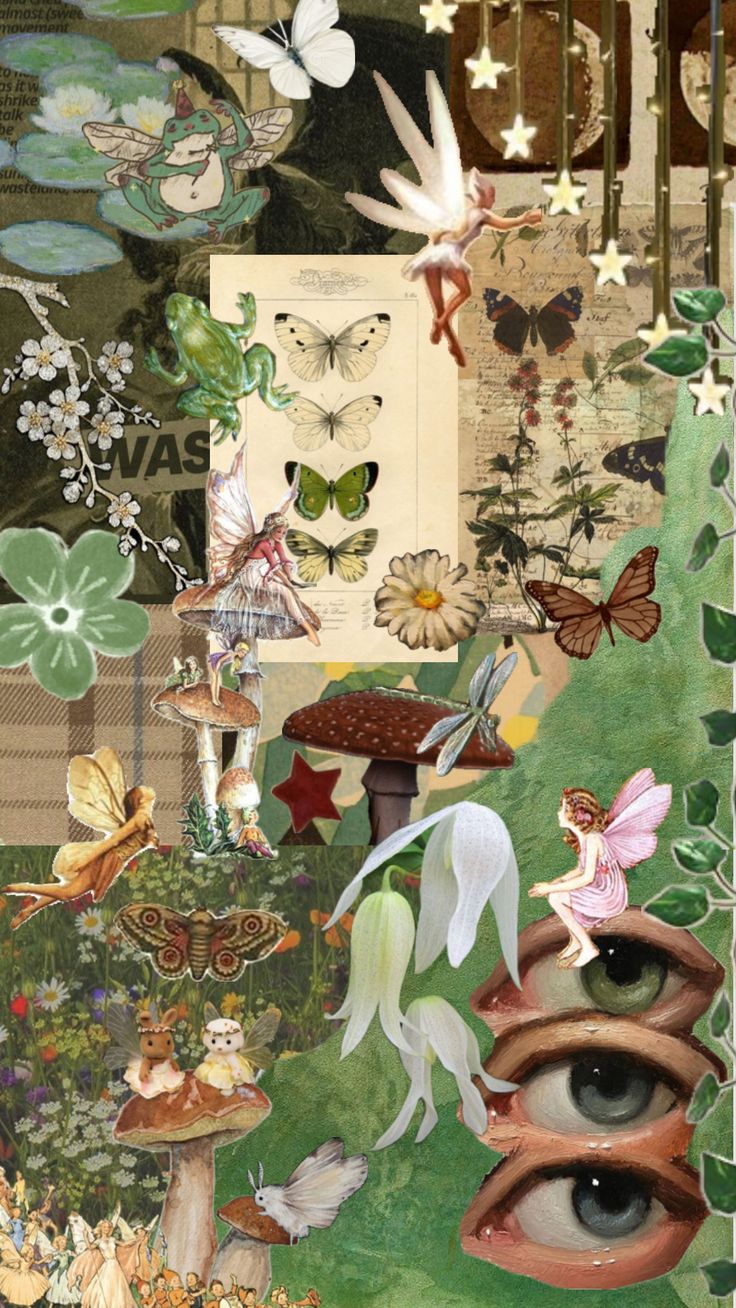 a collage with many different pictures and words on it, including flowers, butterflies, plants