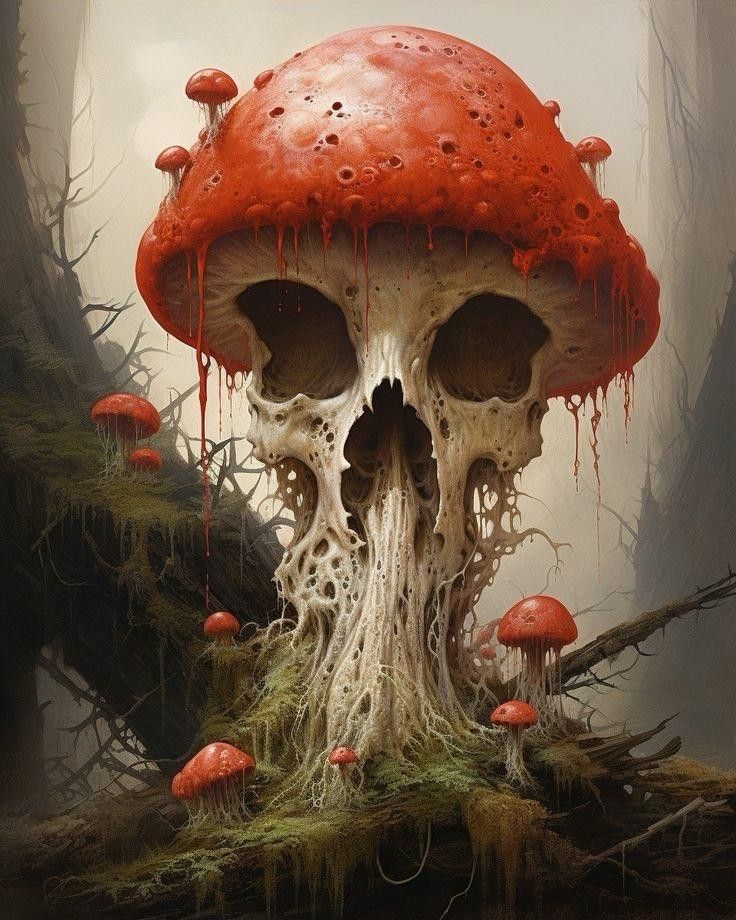 a painting of a mushroom with red mushrooms on it's head and moss growing all over the ground