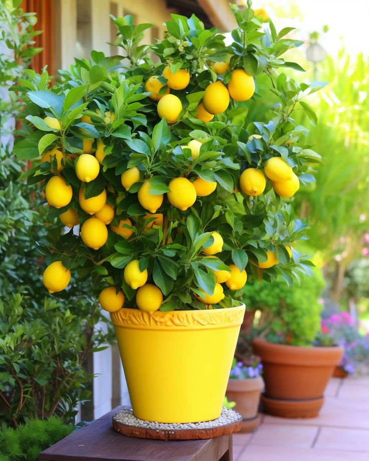 a yellow potted plant with lemons growing on it