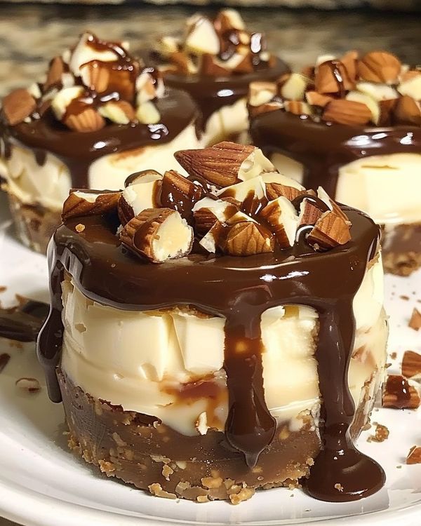 two desserts with chocolate, nuts and cream on a white plate next to each other