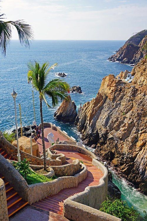 stairs leading down to the beach with palm trees