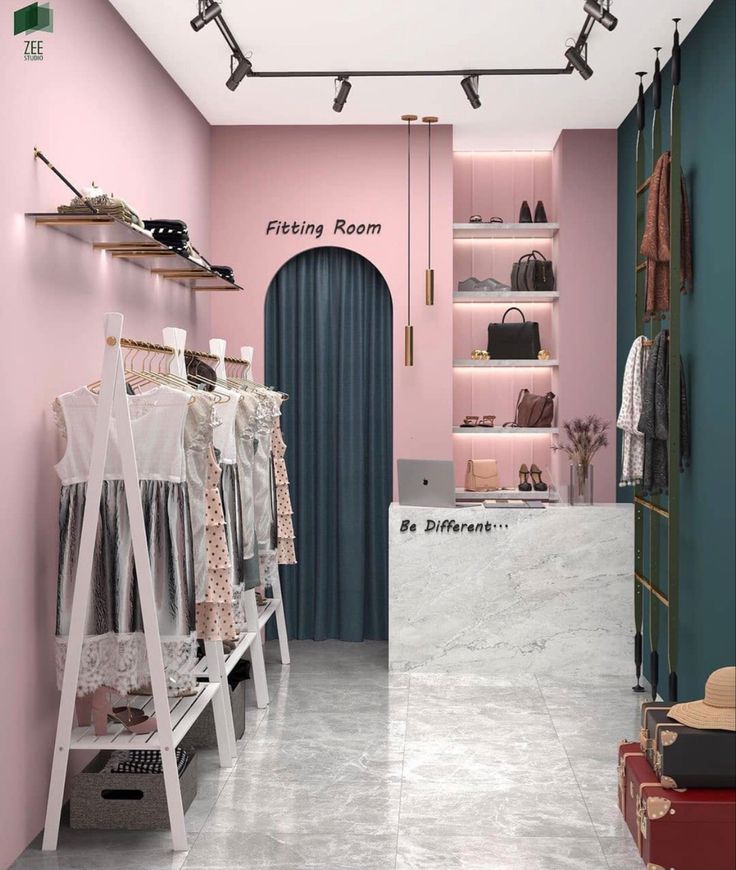 a clothing store with pink walls and white floors