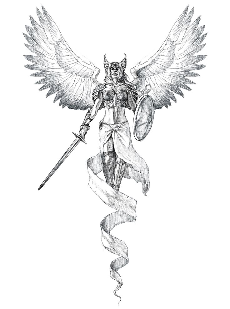 Paladin Tattoo, Artemis Tattoo Design, Valkyrie Angel, Artemis Tattoo, Celtic Tattoos For Men, Norse Mythology Tattoo, Female Warrior Tattoo, Valkyrie Tattoo, Arte Viking