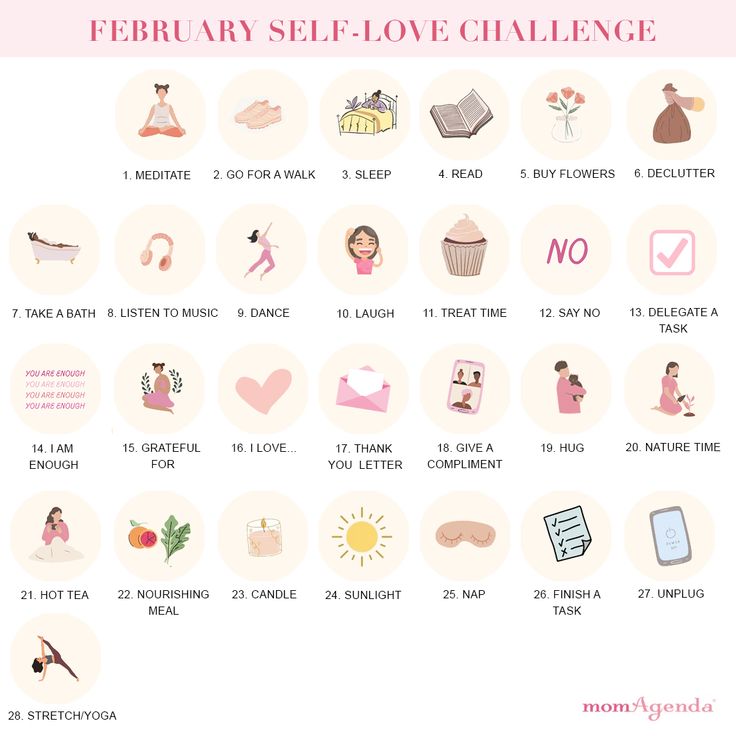 It's time for The momAgenda Self-Love February Challenge.  ​ Here's how it works:  ​1. Each day do 1 thing for your self-care/self-love ​2. Follow along at @momagenda for suggestions each day and comment below the daily post on Instagram or Facebook to keep yourself accountable  ​3. 5 WINNERS! On Feb 28th we will announce 5 winners who will receive the momAgenda Self-Care Planner  ​ ​Any questions? Let us know. We are so excited to do this with our momAgenda community. Much love 💗 February Self Care Calendar, Self Love February, February Daily Challenge, February Self Love Challenge, Self Care February, Valentine’s Day Self Care, Romanticize February, February Instagram Posts, February Things To Do