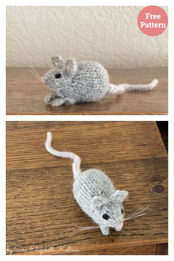 crocheted mouse sitting on top of a wooden table next to the same photo