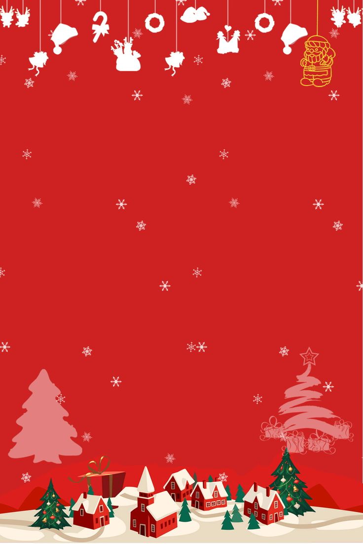 a red christmas card with santa's sleigh and trees