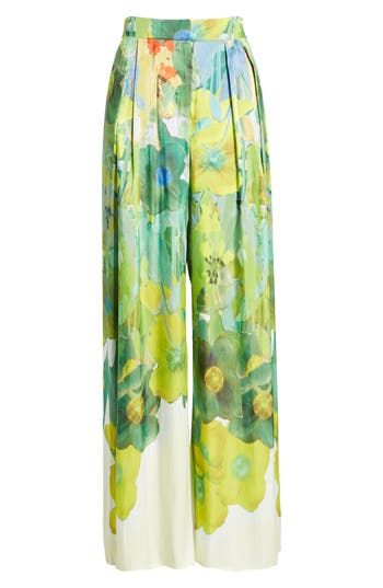 Vibrant watercolor blooms embolden these polished pants punctuated with flowy wide legs. 100% polyester Dry clean Imported Silk Floral Print Long Bottoms, Silk Floral Print Long Pants, Silk Long Pants With Floral Print, Silk Wide-leg Pants With Floral Print, Elegant Silk Pants With Floral Print, Spring Silk Wide-leg Pants, Green Silk Wide-leg Pants, Spring Silk Wide Leg Pants With Elastic Waistband, Silk Wide Leg Pants For Summer