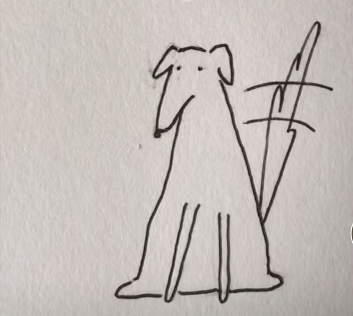 a drawing of a dog sitting on top of a white paper with the word love written in it