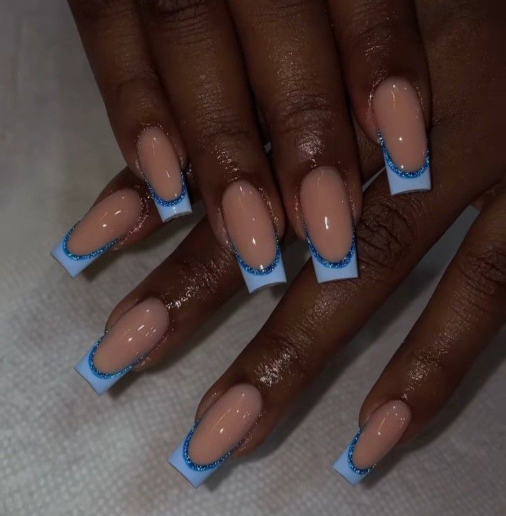 Cute French Tip Nails Acrylic Blue, Blue French Tip Toe Nails, Aquarius Nails Acrylic, Short Blue French Tip Nails, Blue Square Acrylic Nails, Turkey Nails, Nails Art Ideas, Gel Toe Nails, Baby Blue Nails