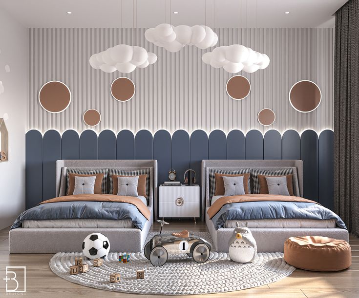 a bedroom with two beds and a soccer ball on the floor in front of it