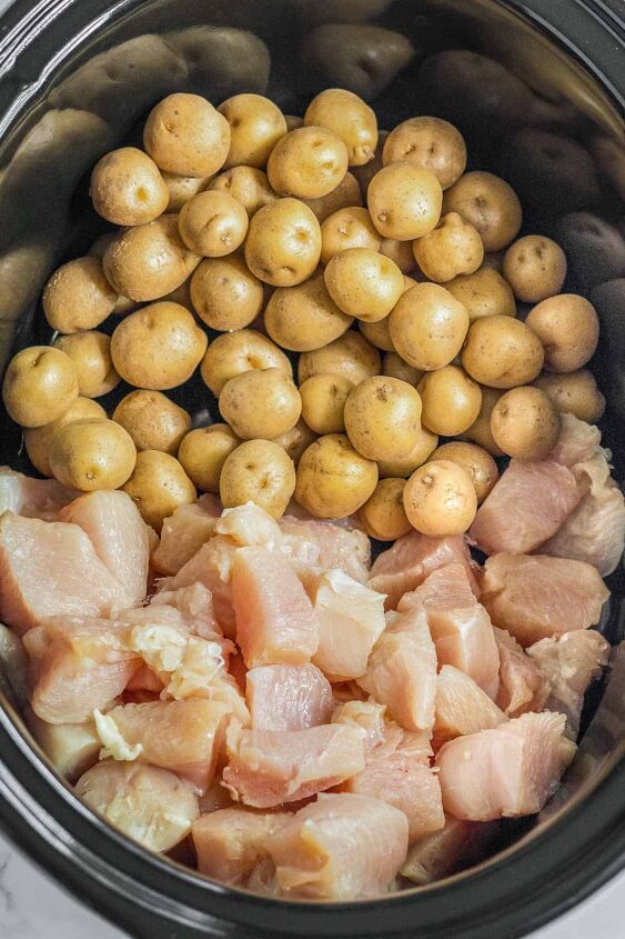 the food is prepared and ready to be cooked in the crock pot