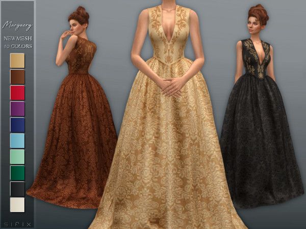 three dresses are shown in different colors and styles, one is black, the other is gold