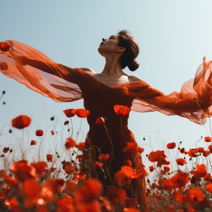 a woman standing in a field of red flowers