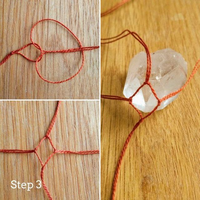 two pictures showing how to make a string wrapped rock