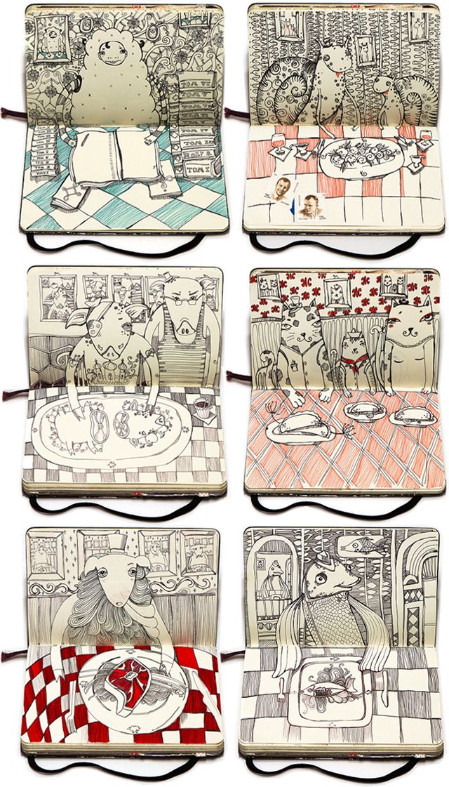 four notebooks with drawings on them and one has an image of people eating at a table