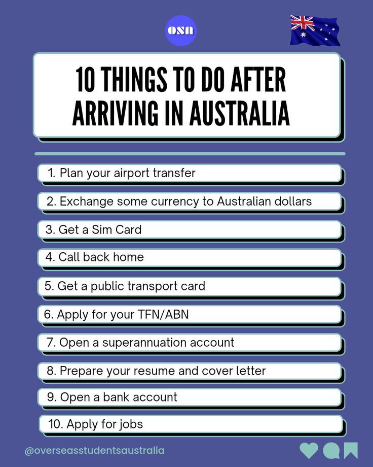 the ten things to do after arriving in australia on an australian train info sheet with text overlay