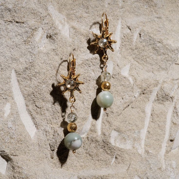 Quianna Jade Earrings-Gold Earrings-Carabella By Cheryl Gold Jade Earrings With Natural Stones, Elegant Jade Gemstone Beads Earrings, Gold Hypoallergenic Jade Earrings, Hypoallergenic Gold Jade Earrings, Natural Stone Jade Dangle Earrings, Black Pearl Bracelet, Earrings Golden, Sun Design, Jade Gemstone