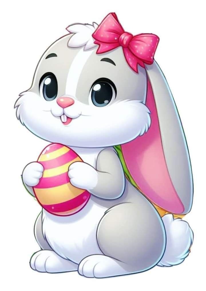 a cartoon bunny holding an easter egg with a pink bow on it's head