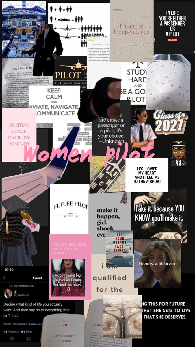 a collage of images with the words women pilot written on them in pink, black and white