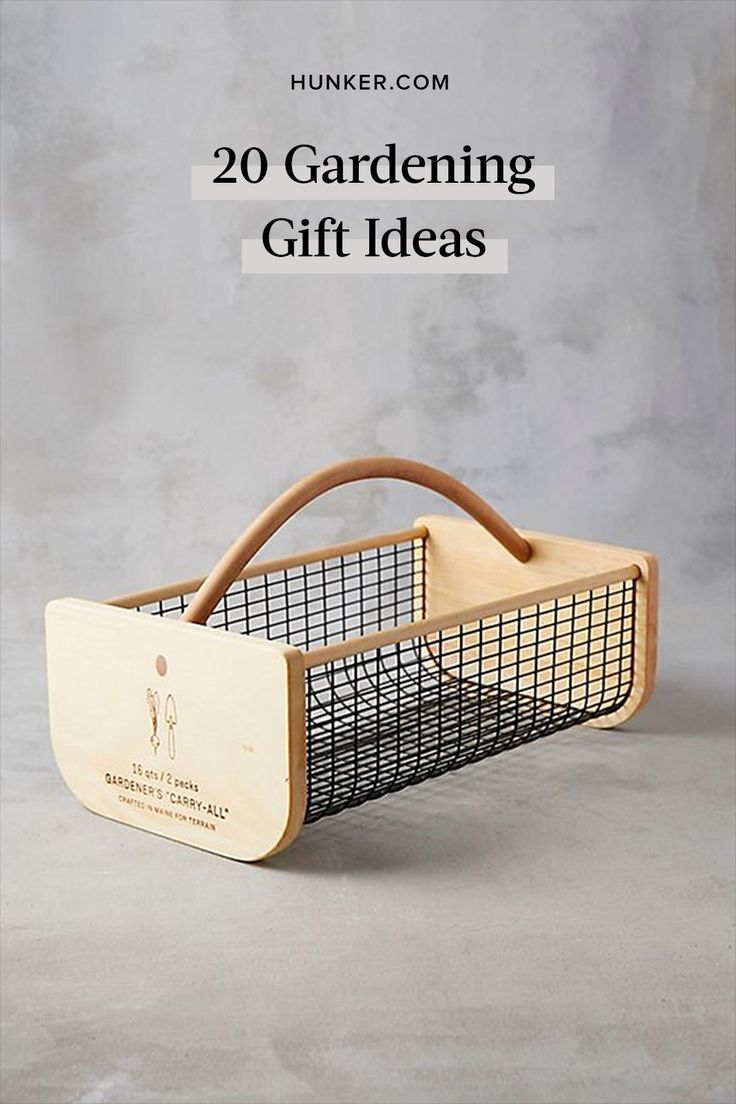 a wooden basket with the words 20 gardening gift ideas on it, and an image of a