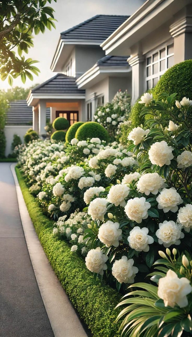 white flowers line the side of a house in front of green hedges and bushes with trees