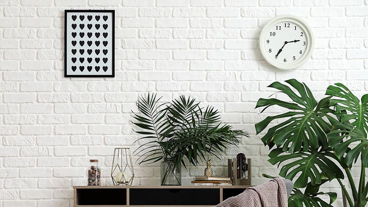 a living room filled with furniture and a large plant next to a white brick wall