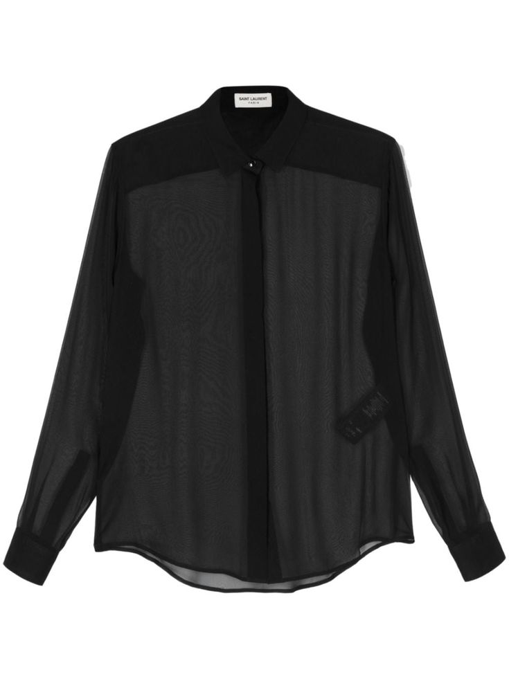 black silk semi-sheer construction classic collar concealed front button fastening long sleeves with buttoned cuffs rear curved hem Saint Laurent Shirt, Double Collar, Yoko London, All Black Outfit, Van Cleef Arpels, Chiffon Shirt, Yohji Yamamoto, Long Shirt, David Yurman