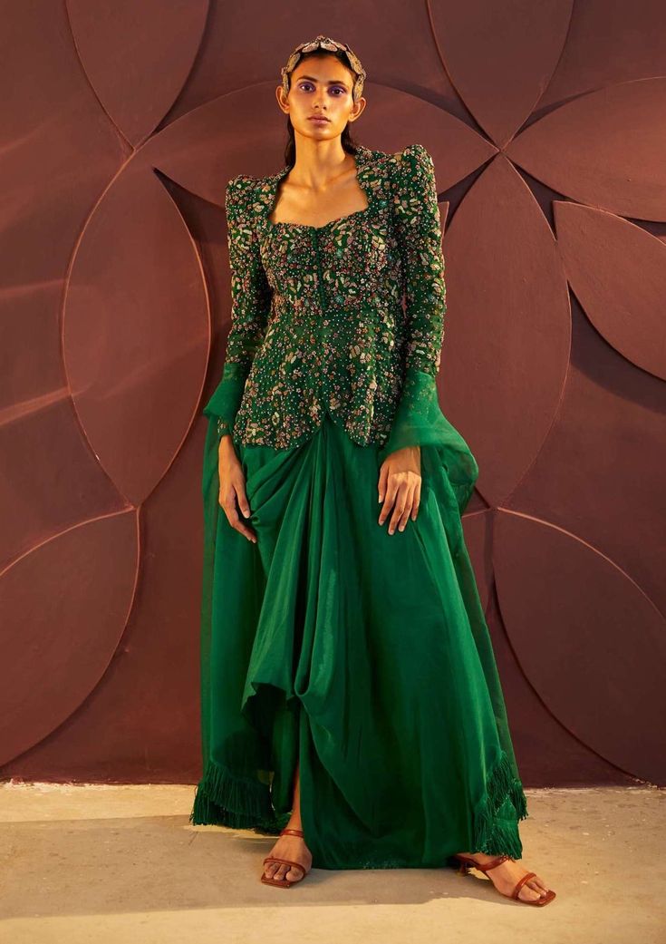 Parul And Preyanka-Emerald Green Draped Skirt Set-INDIASPOPUP.COM Fringe Dupatta, Full Skirt And Top, Puffed Jacket, Indo Western Outfits For Women, Western Dresses For Women, Western Skirts, Diwali Outfits, Tulle Embroidery, Fancy Sarees Party Wear