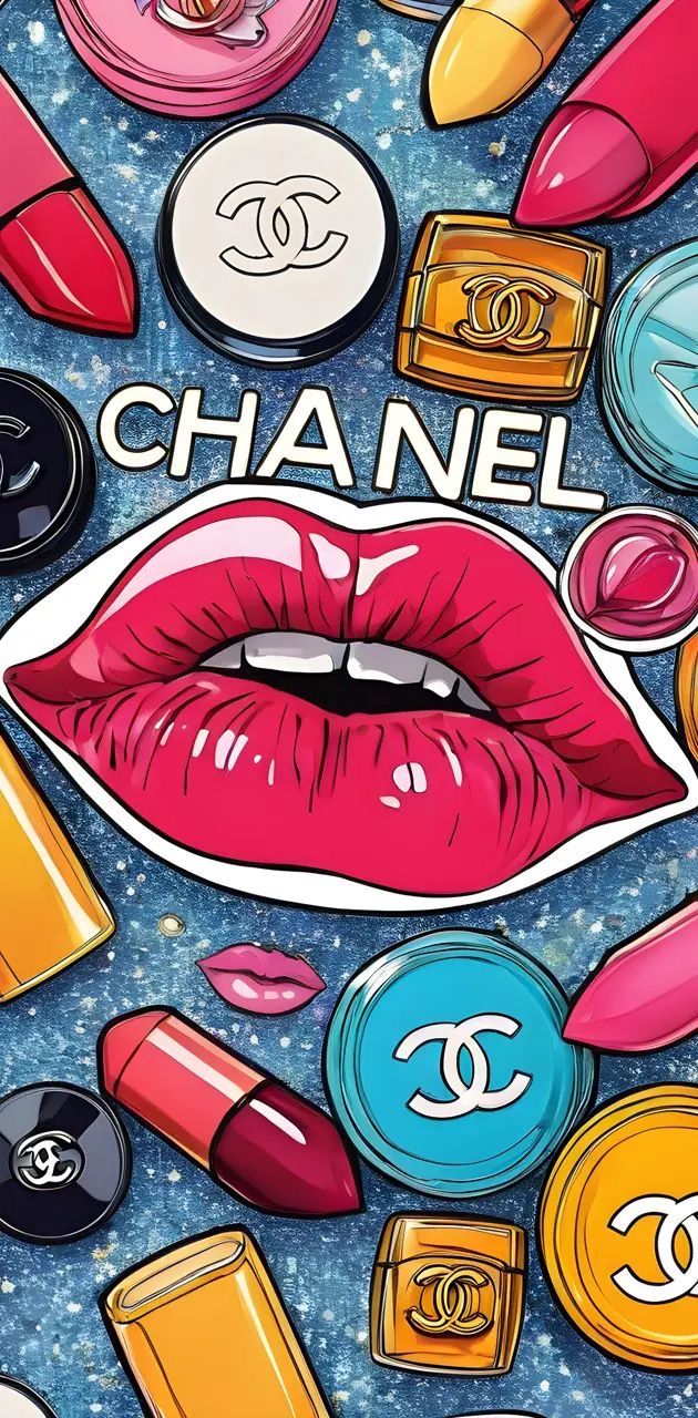 an advertisement for chanel cosmetics with lipstick and other makeup products on it's surface