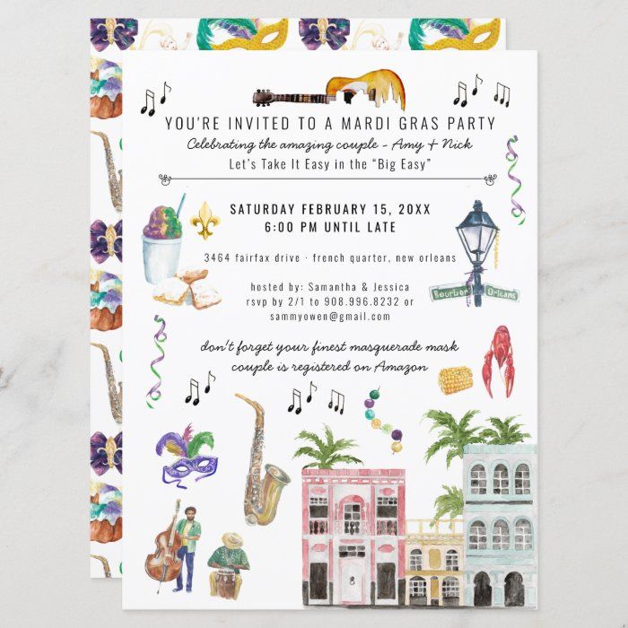 the mardi gras party flyer is shown with an image of various items on it