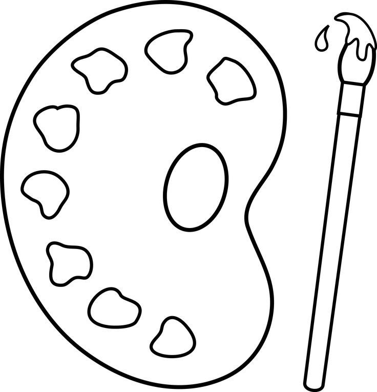 an artist's palette with a paintbrush and heart shapes on it coloring page